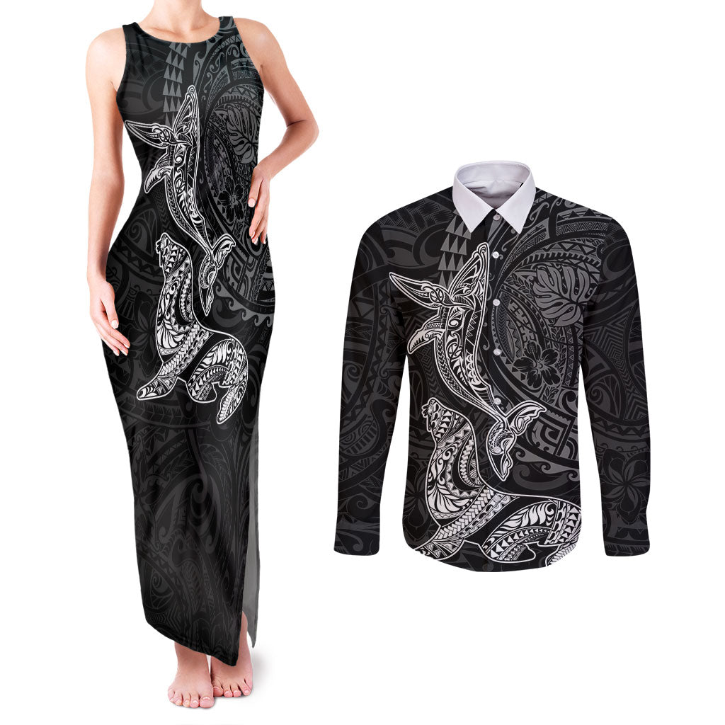 Hawaiian Monk Seal and Whale Couples Matching Tank Maxi Dress and Long Sleeve Button Shirt Kakau Tribal Pattern Grayscale