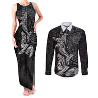 Hawaiian Monk Seal and Whale Couples Matching Tank Maxi Dress and Long Sleeve Button Shirt Kakau Tribal Pattern Grayscale
