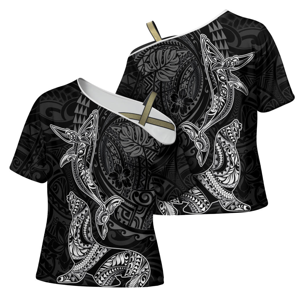 Hawaiian Monk Seal and Whale Cross Shoulder Shirt Kakau Tribal Pattern Grayscale
