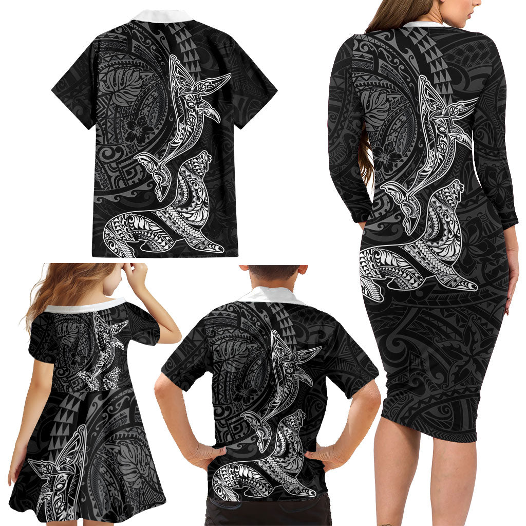 Hawaiian Monk Seal and Whale Family Matching Long Sleeve Bodycon Dress and Hawaiian Shirt Kakau Tribal Pattern Grayscale