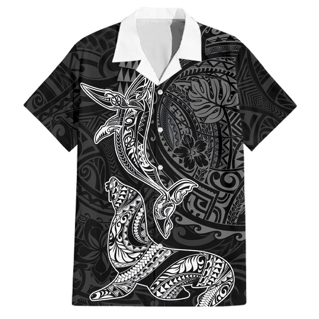 Hawaiian Monk Seal and Whale Family Matching Long Sleeve Bodycon Dress and Hawaiian Shirt Kakau Tribal Pattern Grayscale