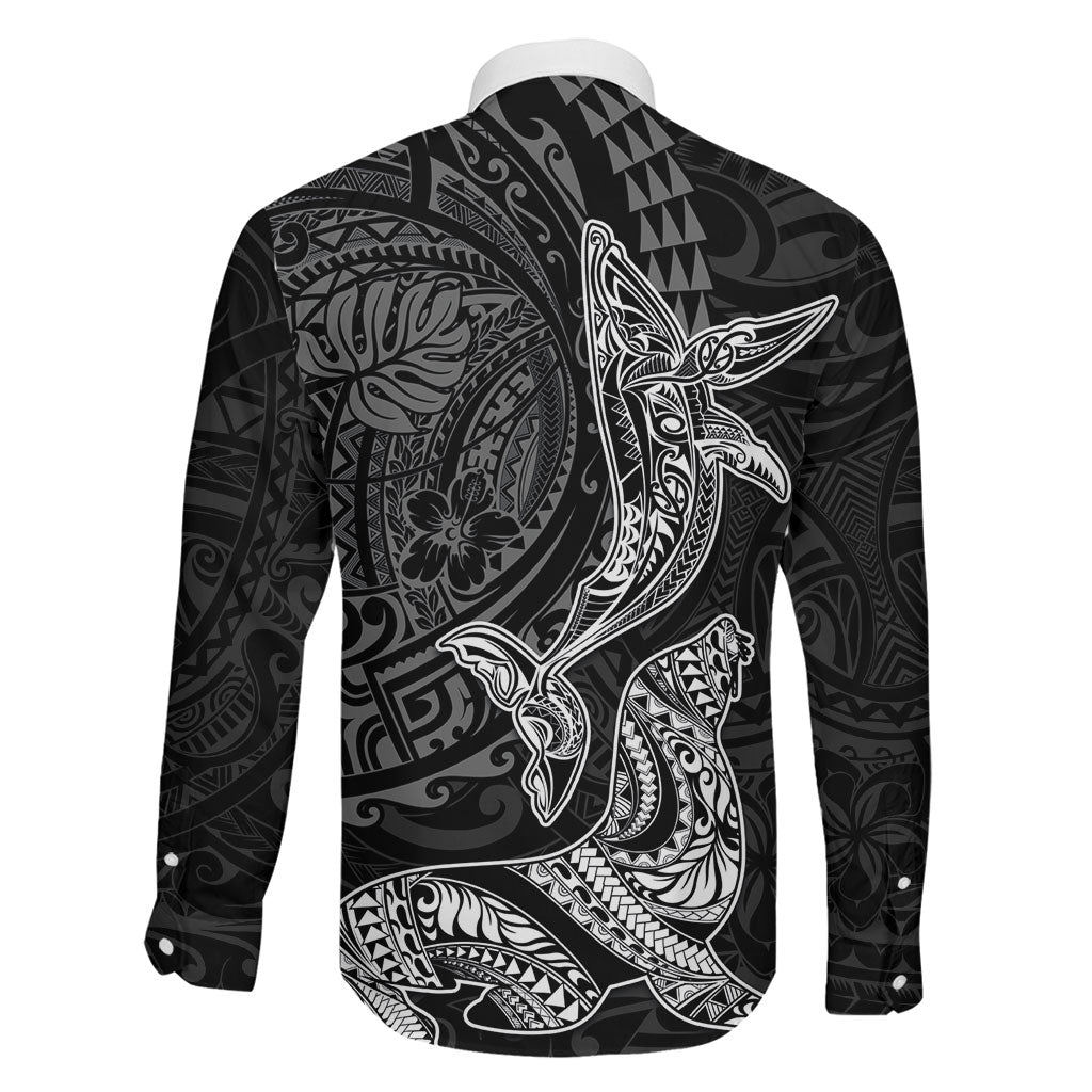 Hawaiian Monk Seal and Whale Family Matching Long Sleeve Bodycon Dress and Hawaiian Shirt Kakau Tribal Pattern Grayscale