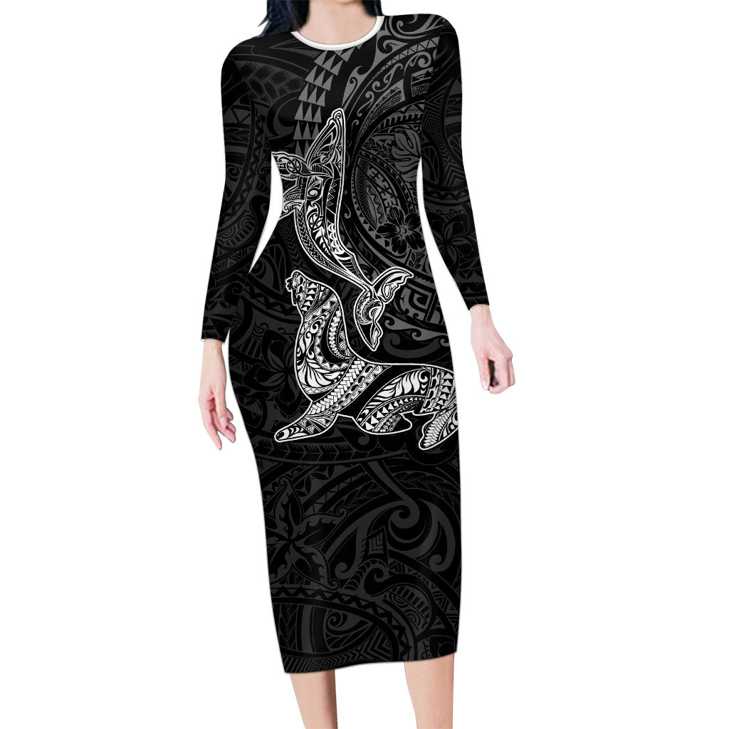 Hawaiian Monk Seal and Whale Family Matching Long Sleeve Bodycon Dress and Hawaiian Shirt Kakau Tribal Pattern Grayscale