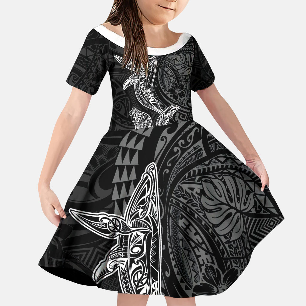Hawaiian Monk Seal and Whale Family Matching Off The Shoulder Long Sleeve Dress and Hawaiian Shirt Kakau Tribal Pattern Grayscale
