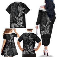 Hawaiian Monk Seal and Whale Family Matching Off The Shoulder Long Sleeve Dress and Hawaiian Shirt Kakau Tribal Pattern Grayscale