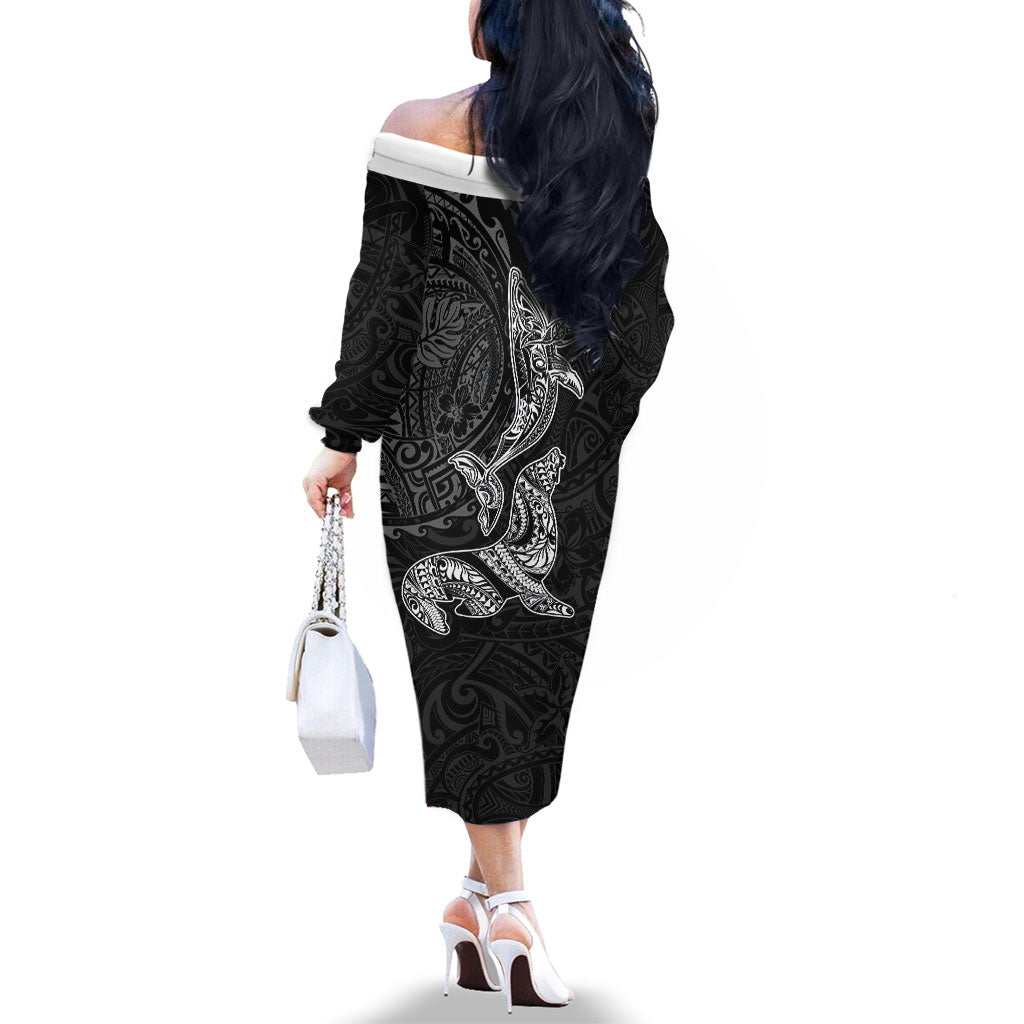 Hawaiian Monk Seal and Whale Family Matching Off The Shoulder Long Sleeve Dress and Hawaiian Shirt Kakau Tribal Pattern Grayscale