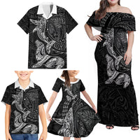 Hawaiian Monk Seal and Whale Family Matching Off Shoulder Maxi Dress and Hawaiian Shirt Kakau Tribal Pattern Grayscale