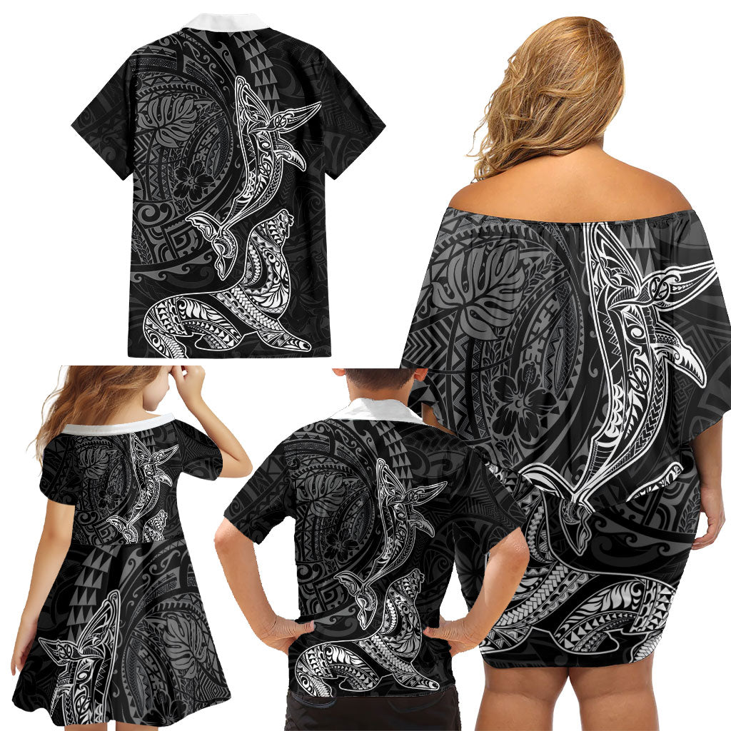 Hawaiian Monk Seal and Whale Family Matching Off Shoulder Short Dress and Hawaiian Shirt Kakau Tribal Pattern Grayscale