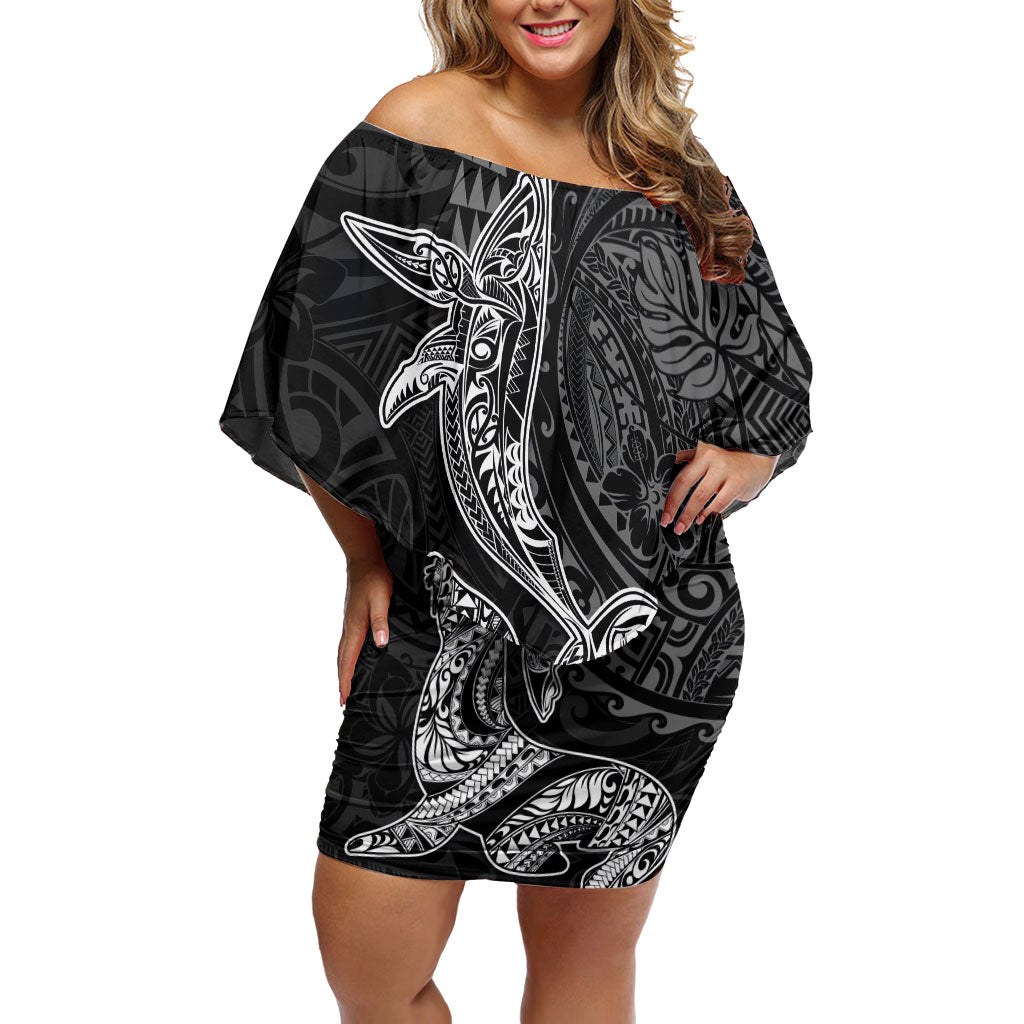 Hawaiian Monk Seal and Whale Family Matching Off Shoulder Short Dress and Hawaiian Shirt Kakau Tribal Pattern Grayscale