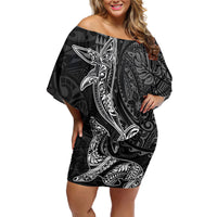 Hawaiian Monk Seal and Whale Family Matching Off Shoulder Short Dress and Hawaiian Shirt Kakau Tribal Pattern Grayscale