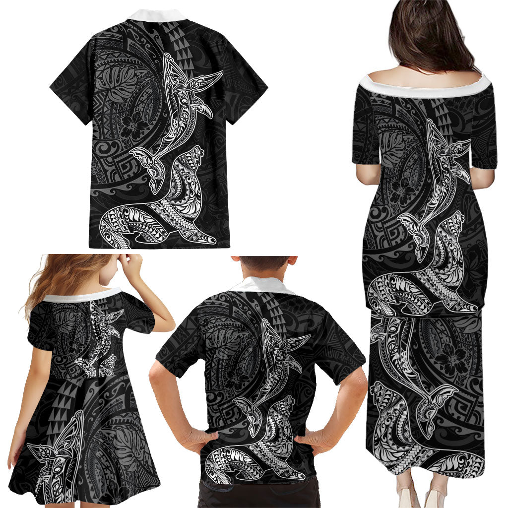 Hawaiian Monk Seal and Whale Family Matching Puletasi and Hawaiian Shirt Kakau Tribal Pattern Grayscale