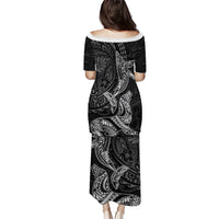 Hawaiian Monk Seal and Whale Family Matching Puletasi and Hawaiian Shirt Kakau Tribal Pattern Grayscale