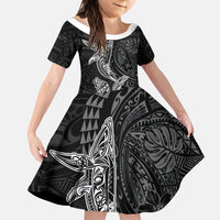 Hawaiian Monk Seal and Whale Family Matching Short Sleeve Bodycon Dress and Hawaiian Shirt Kakau Tribal Pattern Grayscale