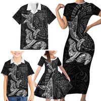 Hawaiian Monk Seal and Whale Family Matching Short Sleeve Bodycon Dress and Hawaiian Shirt Kakau Tribal Pattern Grayscale