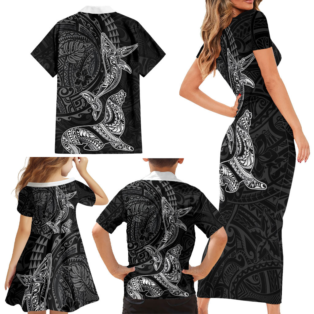 Hawaiian Monk Seal and Whale Family Matching Short Sleeve Bodycon Dress and Hawaiian Shirt Kakau Tribal Pattern Grayscale