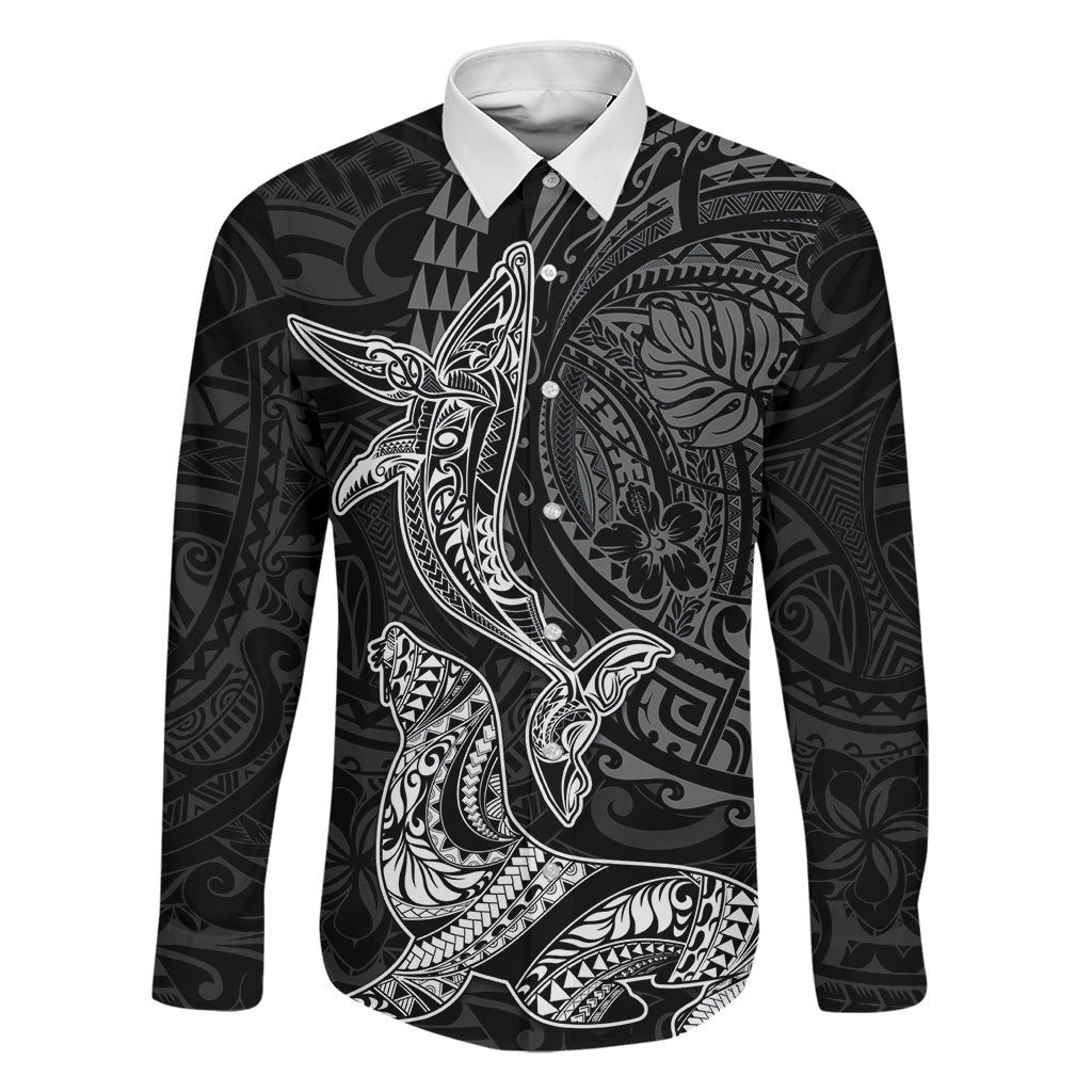 Hawaiian Monk Seal and Whale Family Matching Short Sleeve Bodycon Dress and Hawaiian Shirt Kakau Tribal Pattern Grayscale