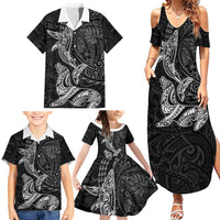 Hawaiian Monk Seal and Whale Family Matching Summer Maxi Dress and Hawaiian Shirt Kakau Tribal Pattern Grayscale