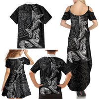Hawaiian Monk Seal and Whale Family Matching Summer Maxi Dress and Hawaiian Shirt Kakau Tribal Pattern Grayscale