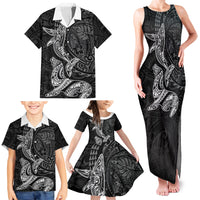 Hawaiian Monk Seal and Whale Family Matching Tank Maxi Dress and Hawaiian Shirt Kakau Tribal Pattern Grayscale