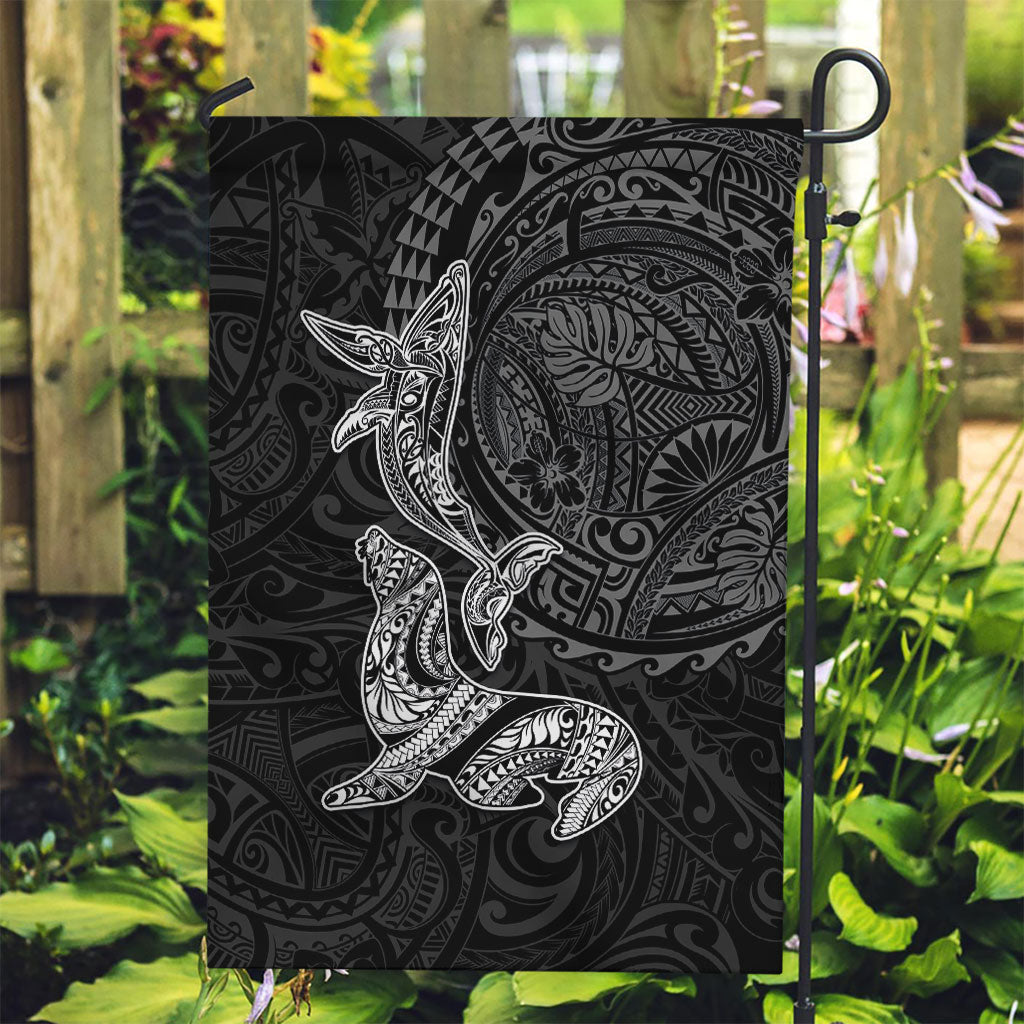 Hawaiian Monk Seal and Whale Garden Flag Kakau Tribal Pattern Grayscale