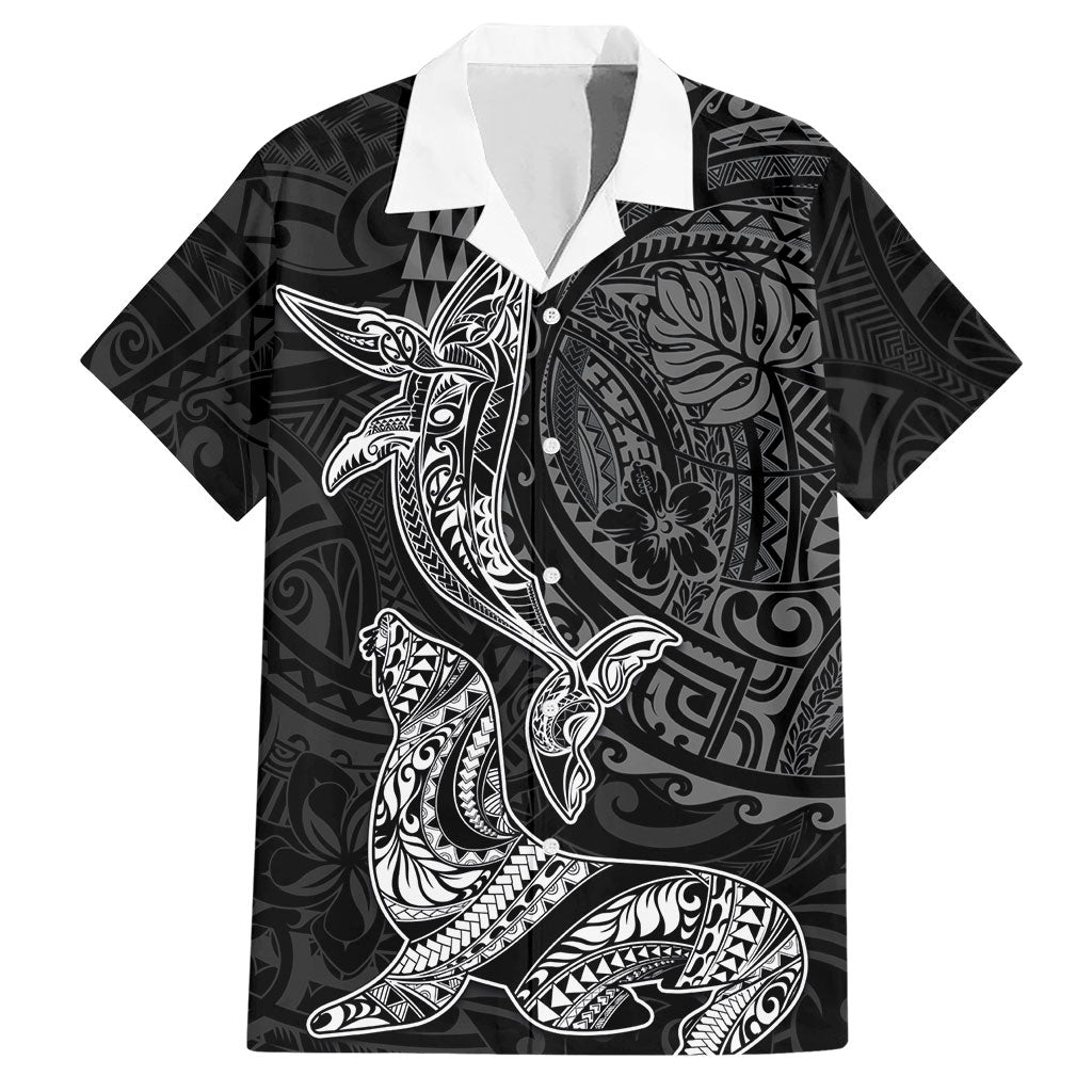 Hawaiian Monk Seal and Whale Hawaiian Shirt Kakau Tribal Pattern Grayscale LT03 Black - Polynesian Pride