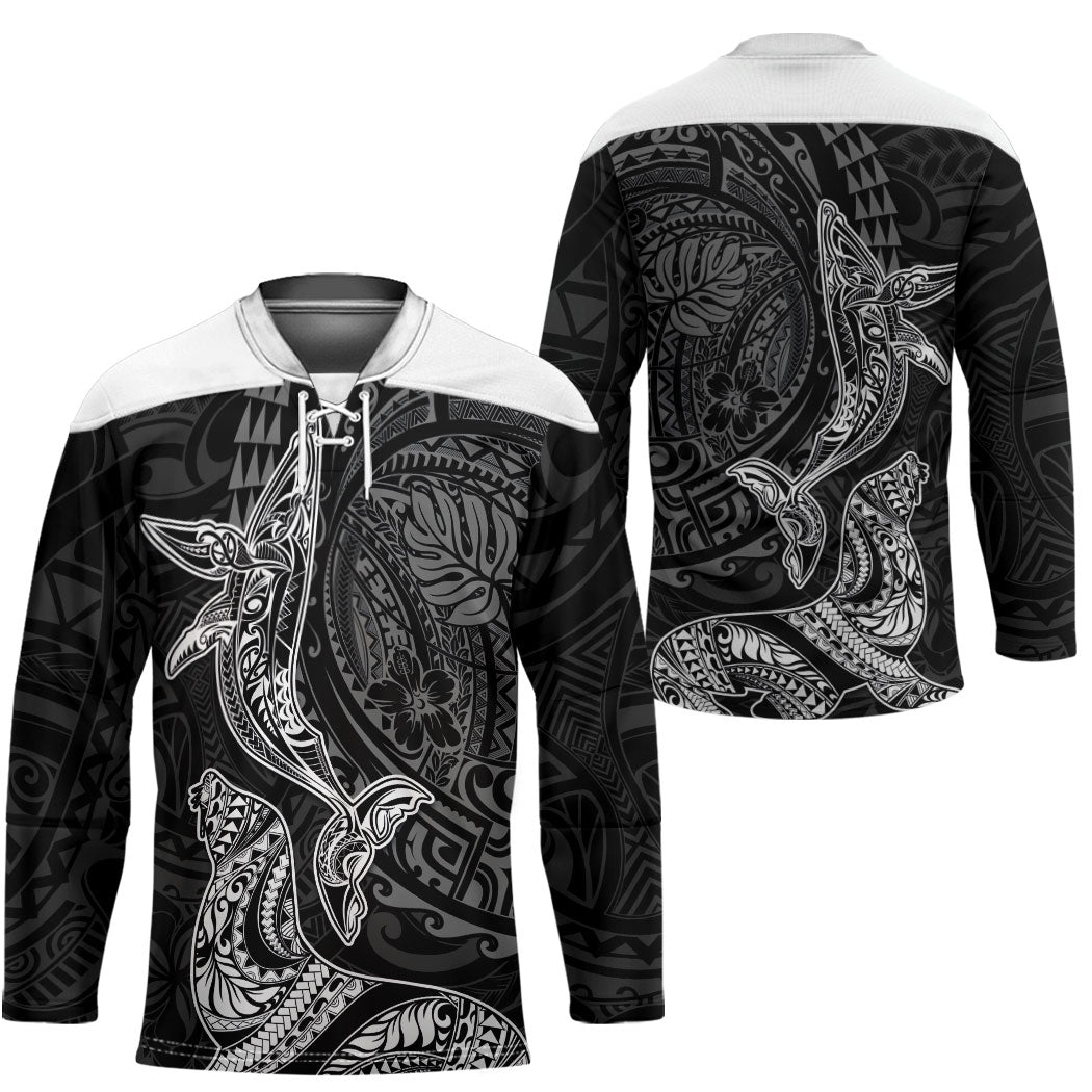 Hawaiian Monk Seal and Whale Hockey Jersey Kakau Tribal Pattern Grayscale