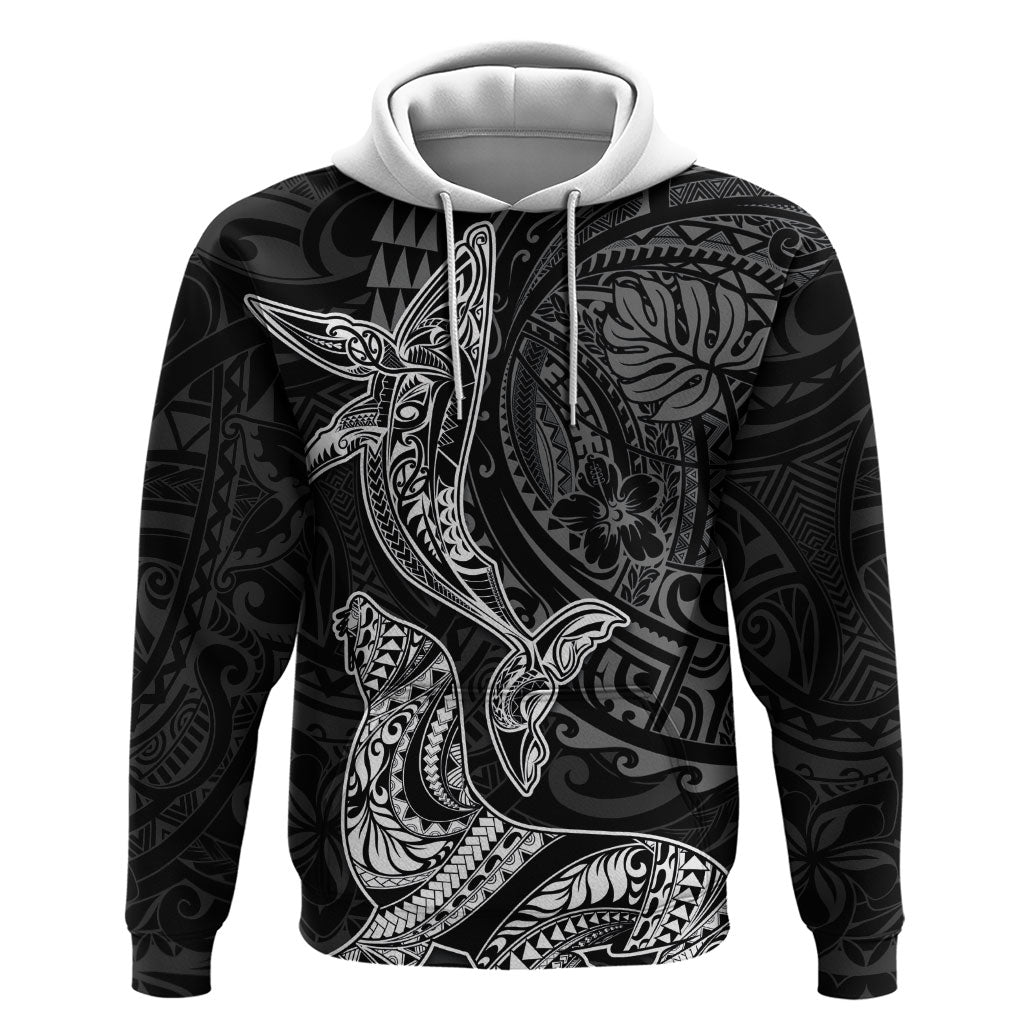 Hawaiian Monk Seal and Whale Hoodie Kakau Tribal Pattern Grayscale LT03 Pullover Hoodie Black - Polynesian Pride