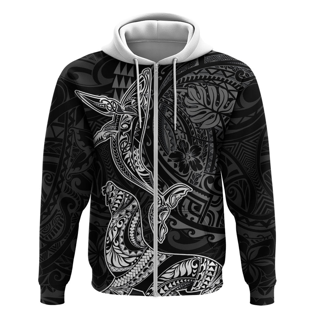 Hawaiian Monk Seal and Whale Hoodie Kakau Tribal Pattern Grayscale LT03 Zip Hoodie Black - Polynesian Pride