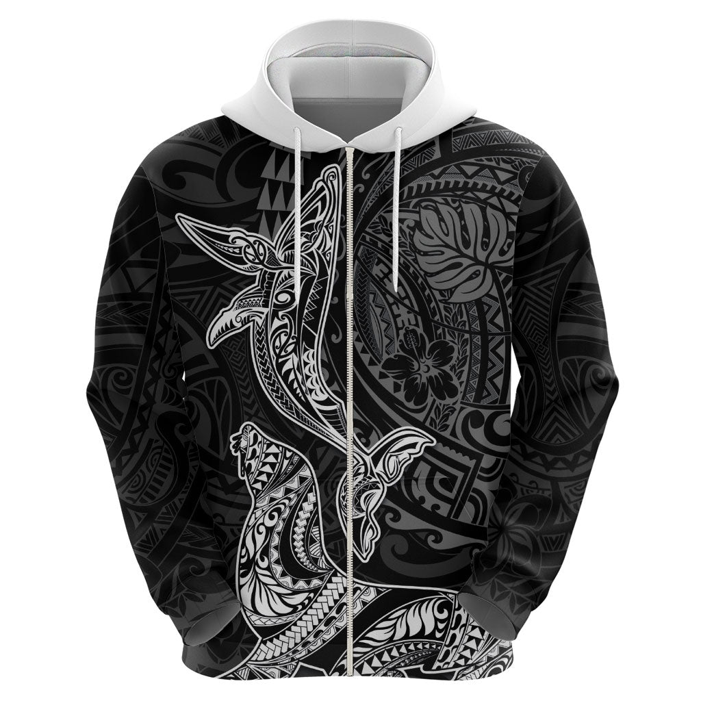 Hawaiian Monk Seal and Whale Hoodie Kakau Tribal Pattern Grayscale LT03 - Polynesian Pride