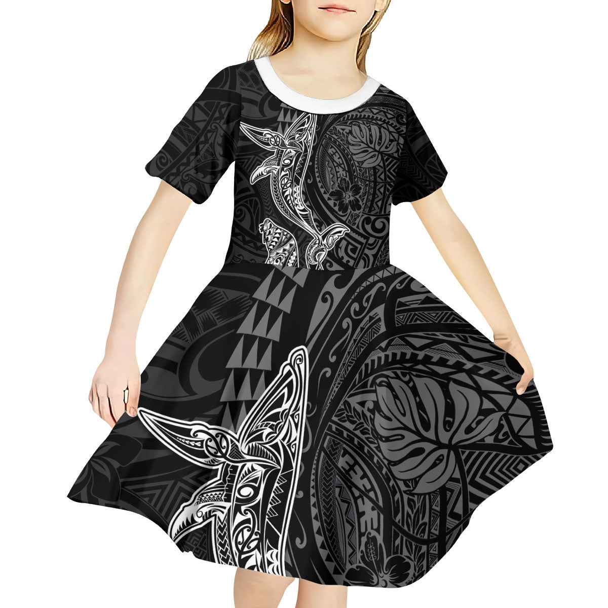 Hawaiian Monk Seal and Whale Kid Short Sleeve Dress Kakau Tribal Pattern Grayscale