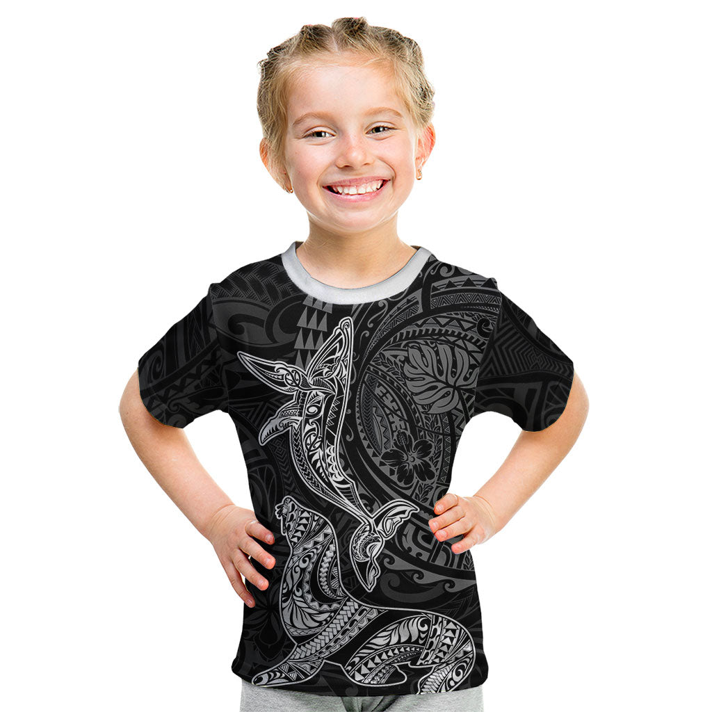 Hawaiian Monk Seal and Whale Kid T Shirt Kakau Tribal Pattern Grayscale LT03 Black - Polynesian Pride
