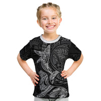 Hawaiian Monk Seal and Whale Kid T Shirt Kakau Tribal Pattern Grayscale LT03 Black - Polynesian Pride