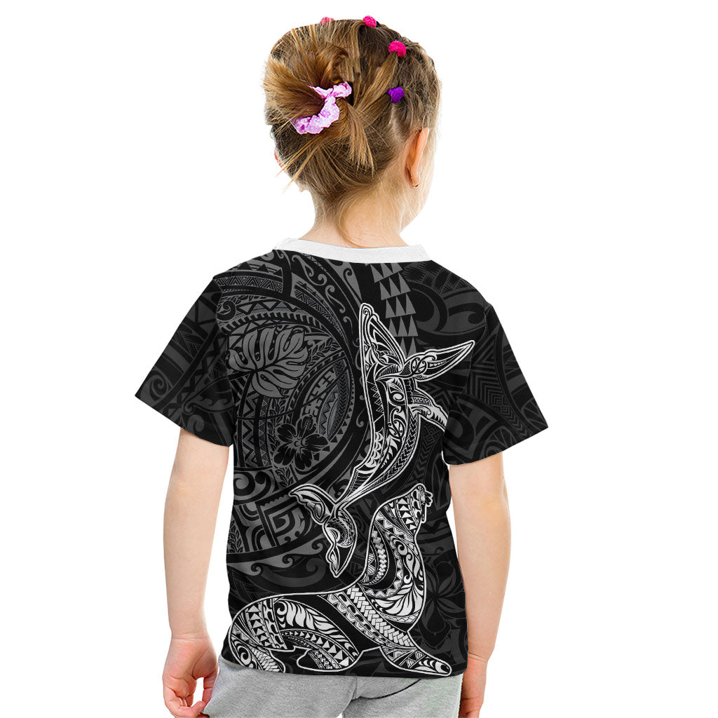 Hawaiian Monk Seal and Whale Kid T Shirt Kakau Tribal Pattern Grayscale LT03 - Polynesian Pride