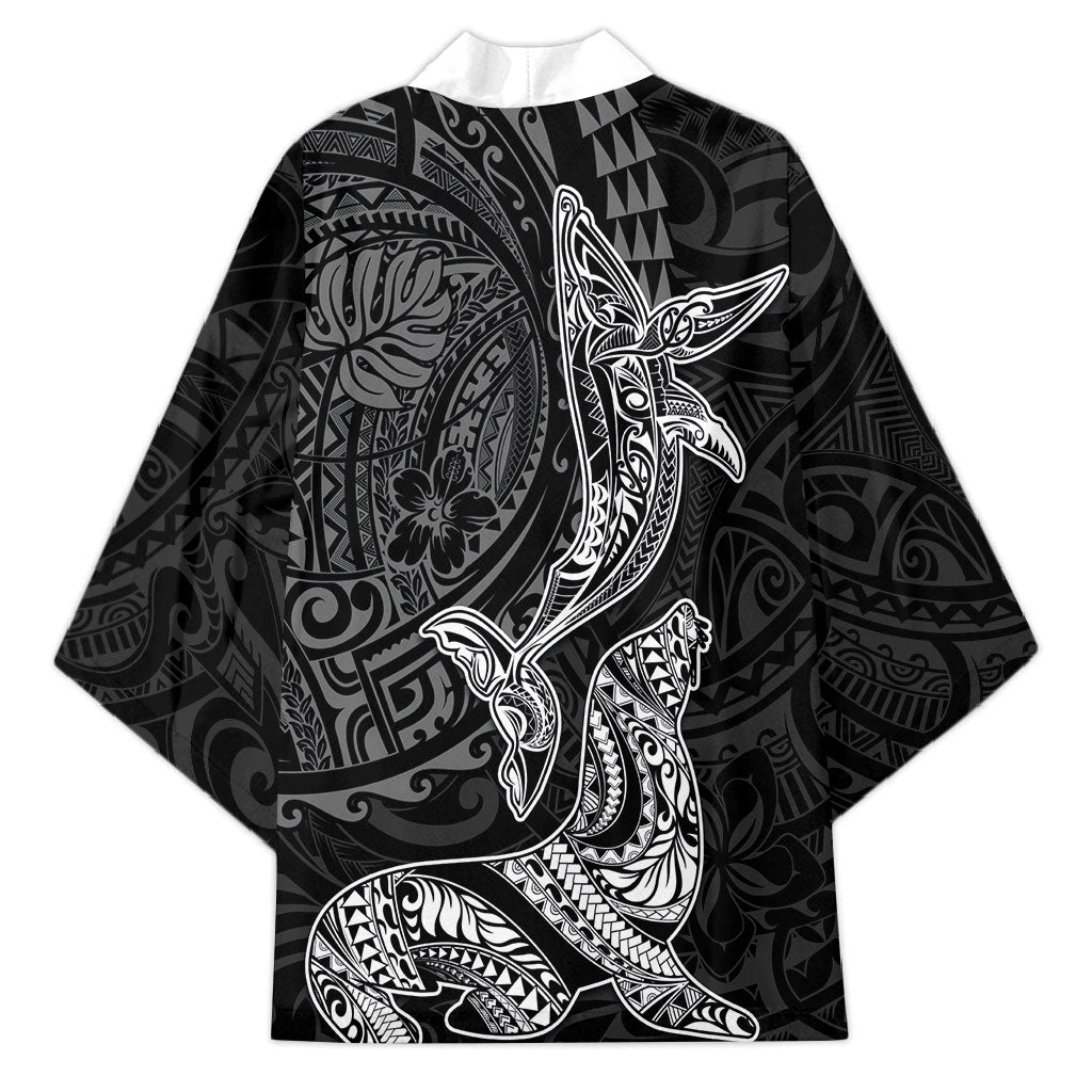 Hawaiian Monk Seal and Whale Kimono Kakau Tribal Pattern Grayscale