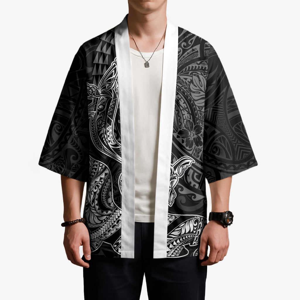 Hawaiian Monk Seal and Whale Kimono Kakau Tribal Pattern Grayscale