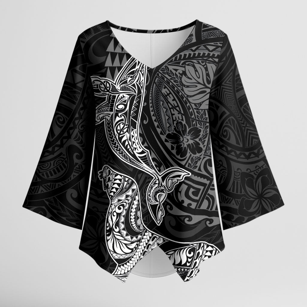 Hawaiian Monk Seal and Whale Kimono Sleeve Blouse Kakau Tribal Pattern Grayscale LT03 Female Black - Polynesian Pride