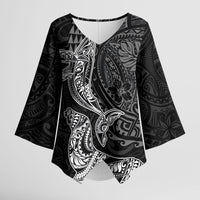 Hawaiian Monk Seal and Whale Kimono Sleeve Blouse Kakau Tribal Pattern Grayscale LT03 Female Black - Polynesian Pride