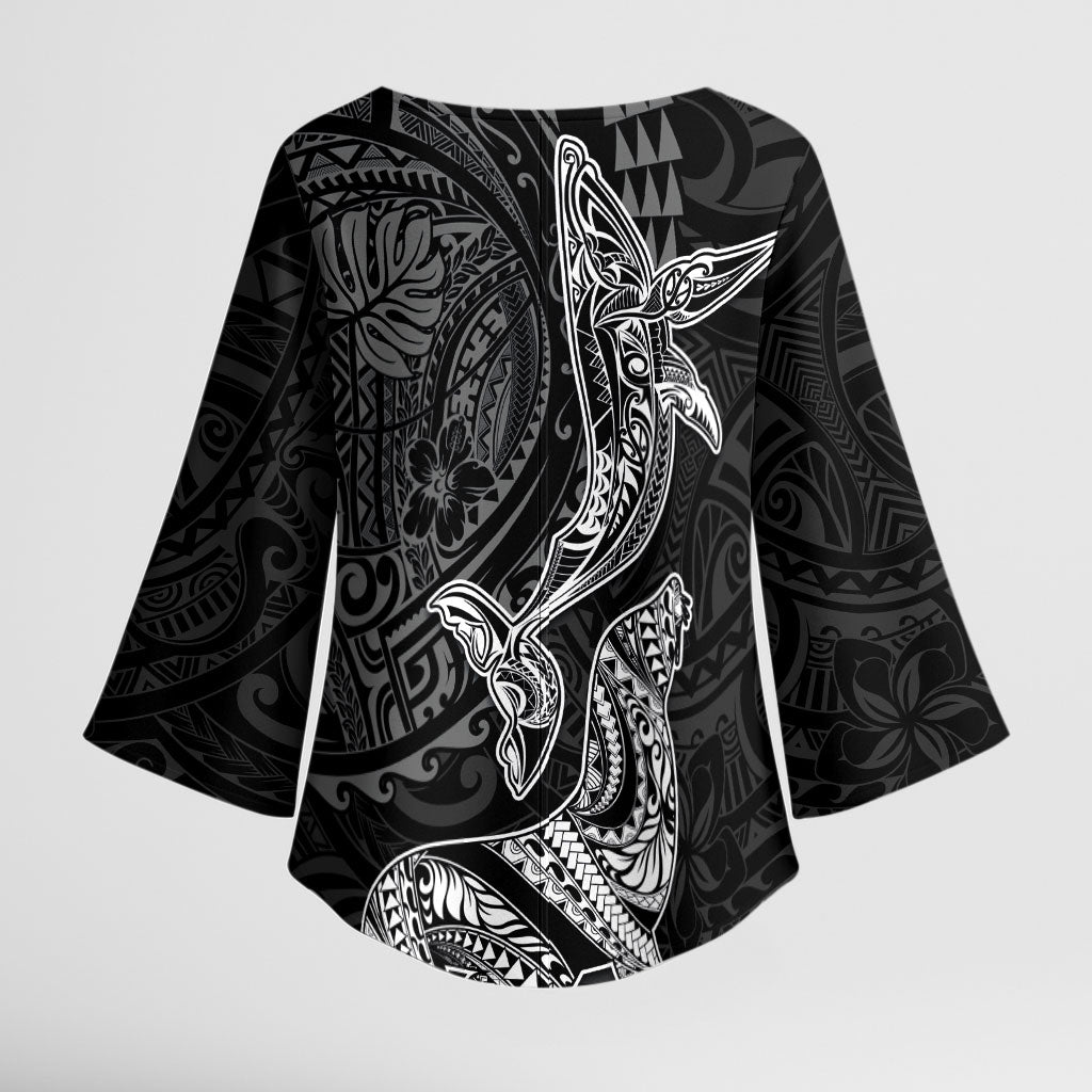 Hawaiian Monk Seal and Whale Kimono Sleeve Blouse Kakau Tribal Pattern Grayscale LT03 - Polynesian Pride