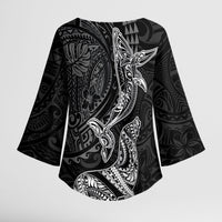 Hawaiian Monk Seal and Whale Kimono Sleeve Blouse Kakau Tribal Pattern Grayscale LT03 - Polynesian Pride