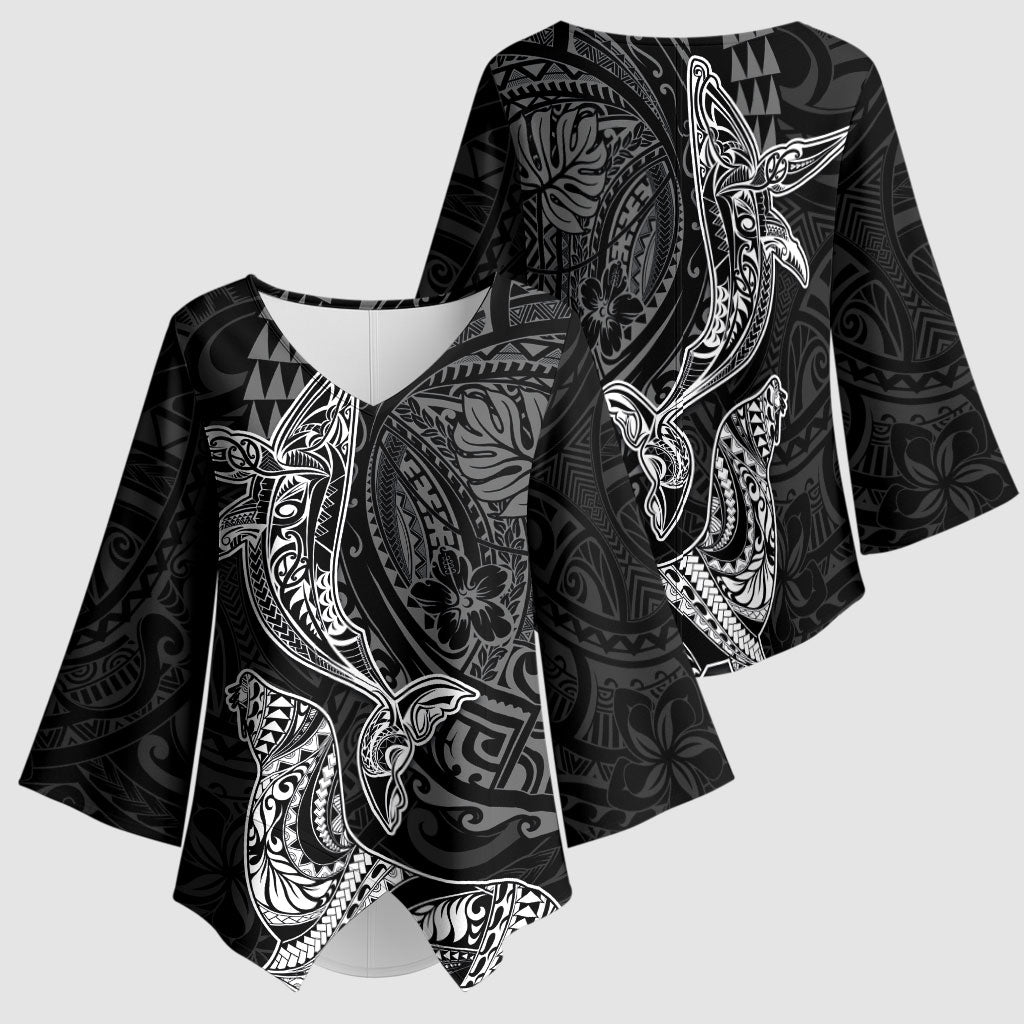 Hawaiian Monk Seal and Whale Kimono Sleeve Blouse Kakau Tribal Pattern Grayscale LT03 - Polynesian Pride