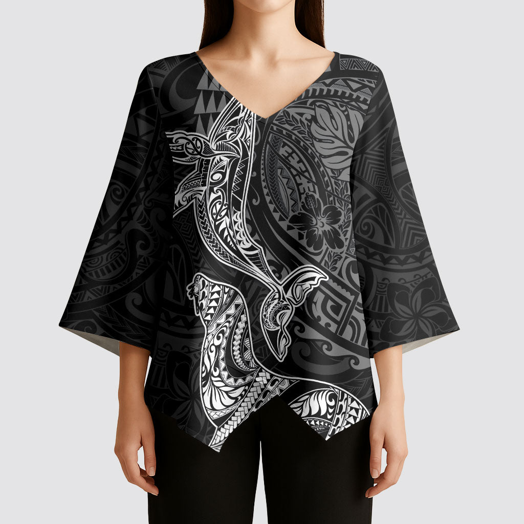 Hawaiian Monk Seal and Whale Kimono Sleeve Blouse Kakau Tribal Pattern Grayscale LT03 - Polynesian Pride
