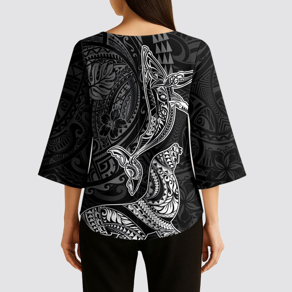 Hawaiian Monk Seal and Whale Kimono Sleeve Blouse Kakau Tribal Pattern Grayscale LT03 - Polynesian Pride