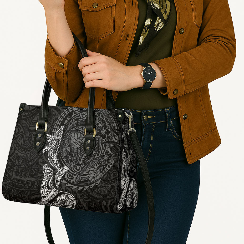 Hawaiian Monk Seal and Whale Leather Bag Kakau Tribal Pattern Grayscale
