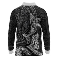 Hawaiian Monk Seal and Whale Long Sleeve Polo Shirt Kakau Tribal Pattern Grayscale