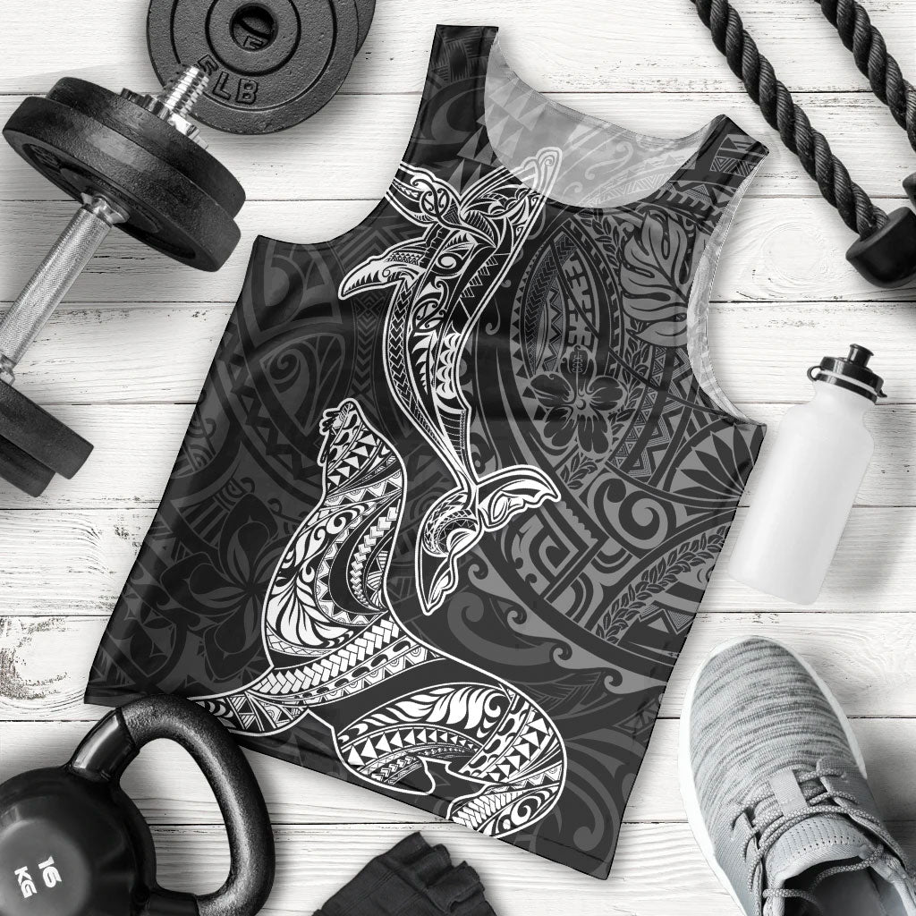 Hawaiian Monk Seal and Whale Men Tank Top Kakau Tribal Pattern Grayscale
