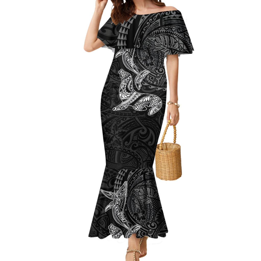 Hawaiian Monk Seal and Whale Mermaid Dress Kakau Tribal Pattern Grayscale