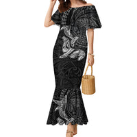 Hawaiian Monk Seal and Whale Mermaid Dress Kakau Tribal Pattern Grayscale