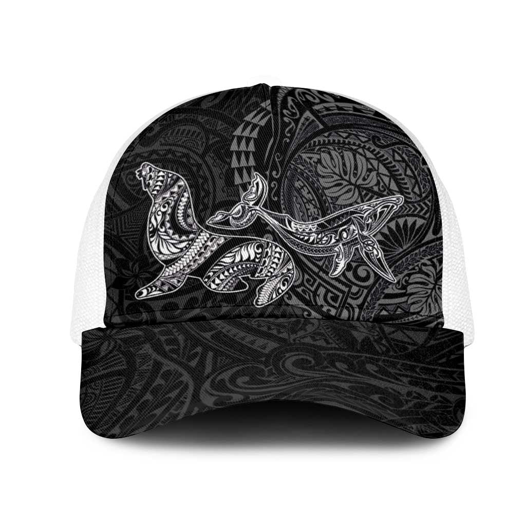 Hawaiian Monk Seal and Whale Mesh Trucker Cap Kakau Tribal Pattern Grayscale