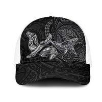 Hawaiian Monk Seal and Whale Mesh Trucker Cap Kakau Tribal Pattern Grayscale