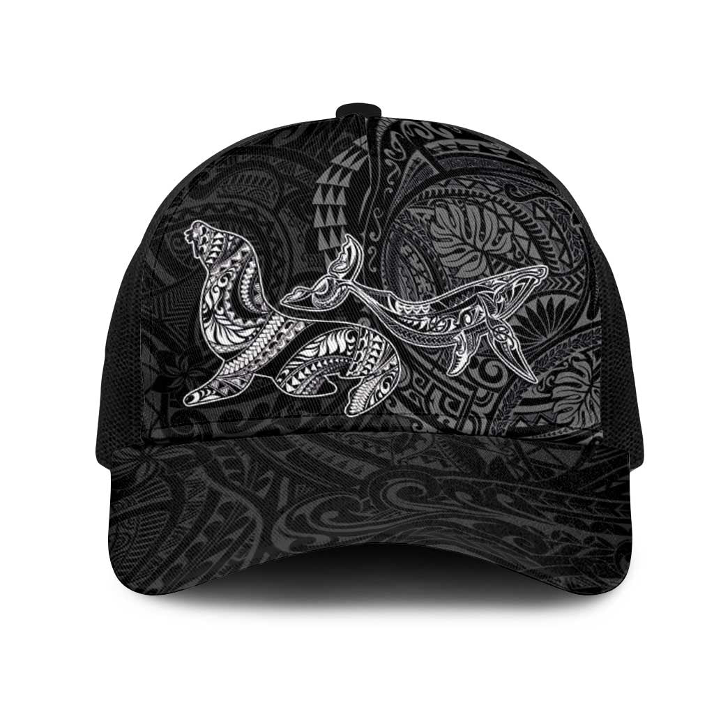 Hawaiian Monk Seal and Whale Mesh Trucker Cap Kakau Tribal Pattern Grayscale